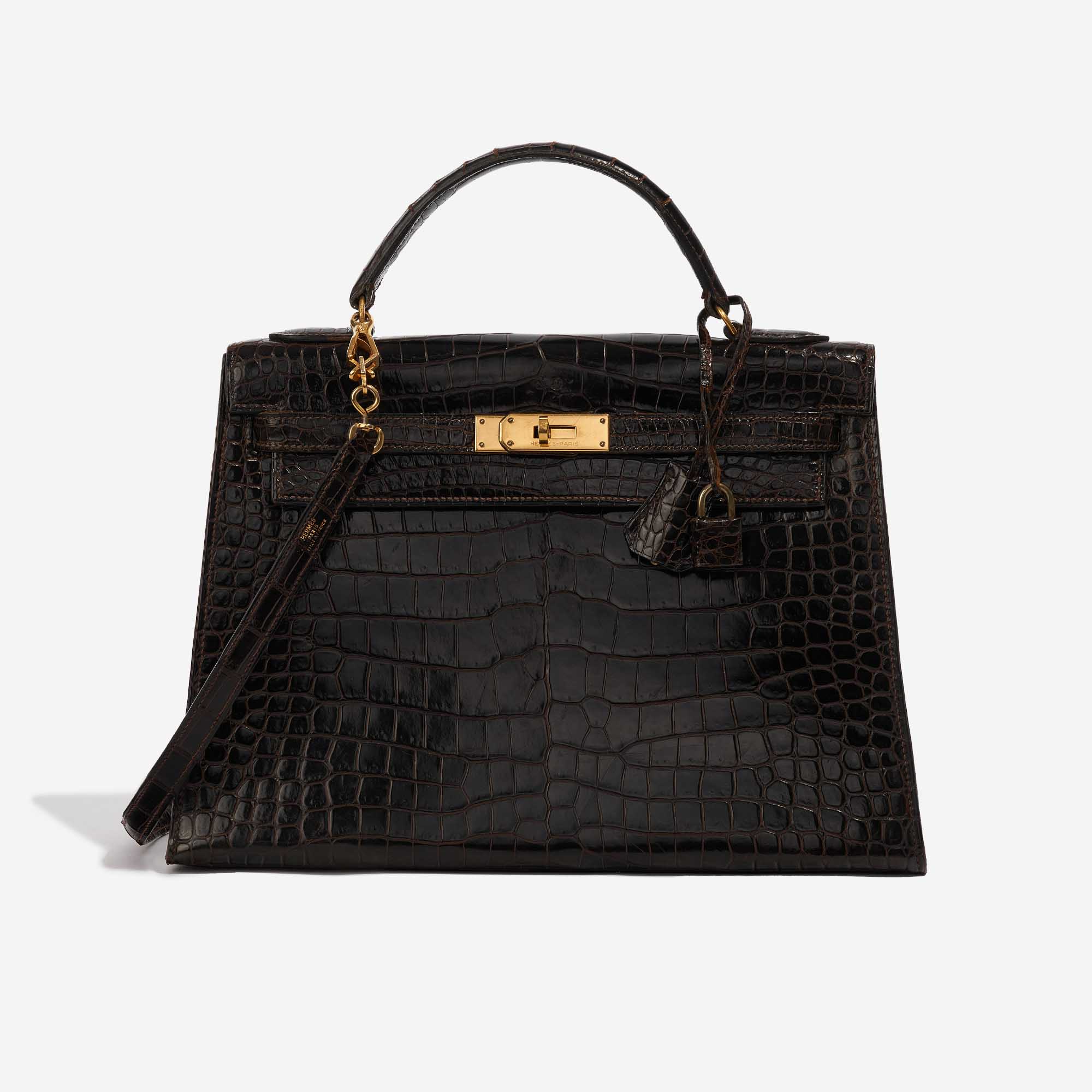 Pre-owned Hermès Tasche Kelly 32 Porosus Crocodile Dark Brown Brown Front | Verkaufen Sie Ihre Designer-Tasche auf Saclab.com