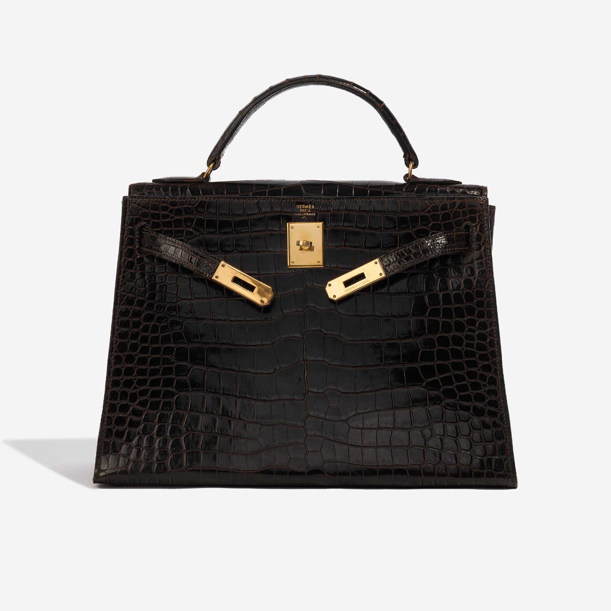 Pre-owned Hermès Tasche Kelly 32 Porosus Crocodile Dark Brown Brown Front Open | Verkaufen Sie Ihre Designer-Tasche auf Saclab.com