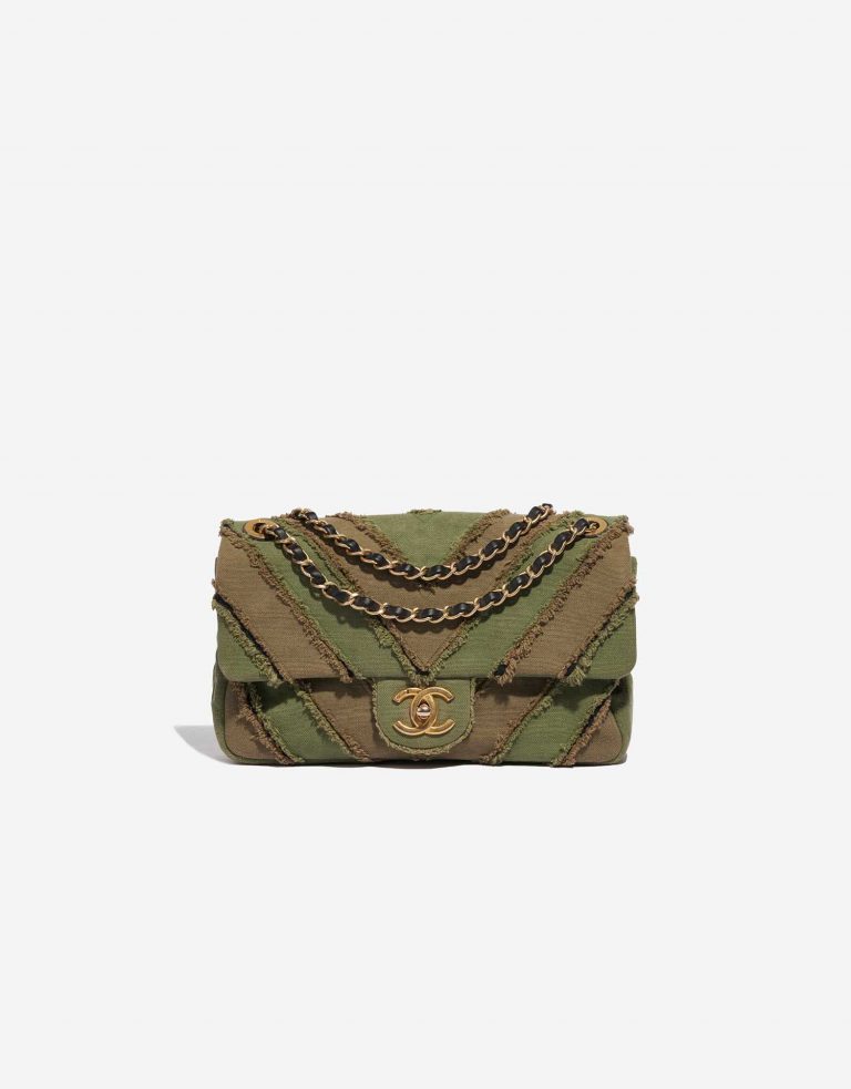 Pre-owned Chanel bag Timeless Medium Chevron Patchwork Canvas Khaki Green Front | Sell your designer bag on Saclab.com