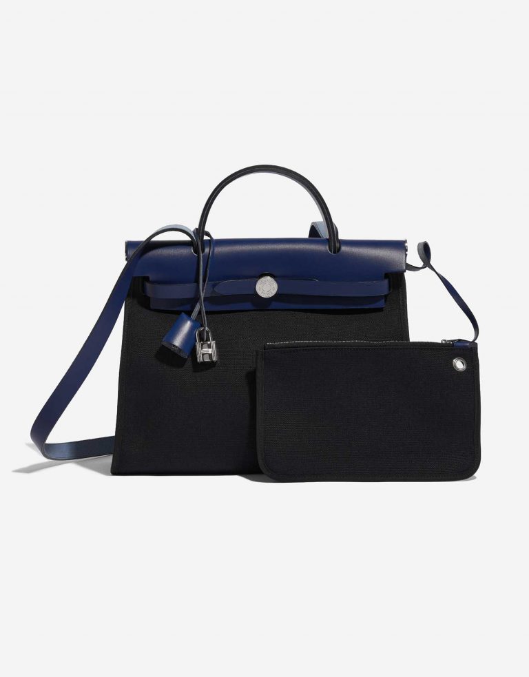 Pre-owned Hermès bag Herbag 31 Vache Hunter / Toile Militaire Noir / Bleu Saphir Black Front | Sell your designer bag on Saclab.com