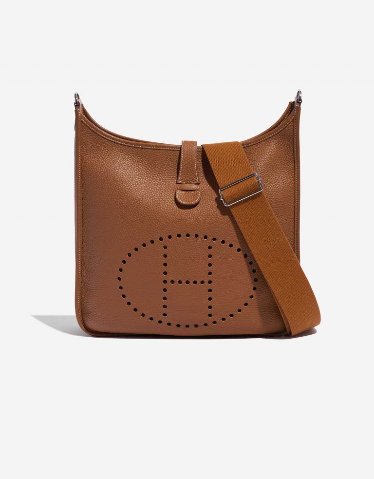 Pre-owned Hermès bag Evelyne 33 Taurillon Clemence Gold Brown Front | Sell your designer bag on Saclab.com