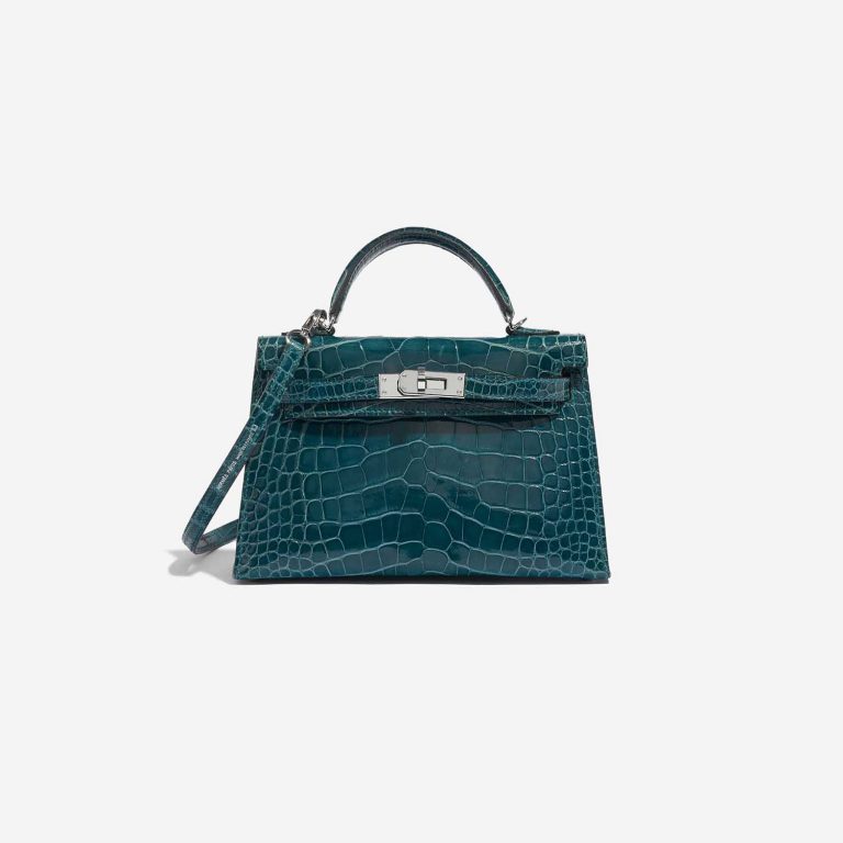 Pre-owned Hermès bag Kelly Mini Alligator Vert Bosphore Blue Front | Sell your designer bag on Saclab.com