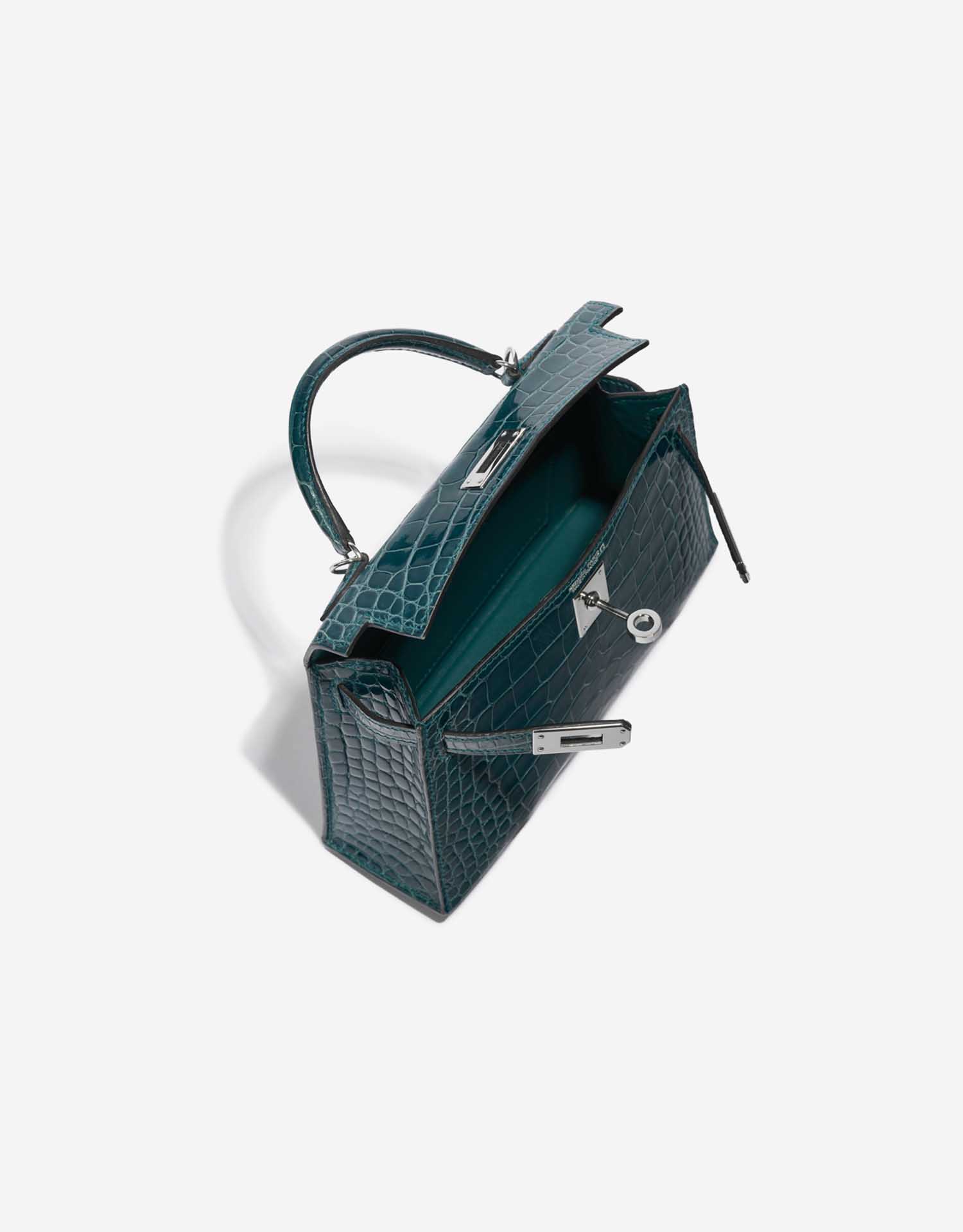 Sac d'occasion Hermès Kelly Mini Alligator Vert Bosphore Bleu Inside | Vendre votre sac de créateur sur Saclab.com