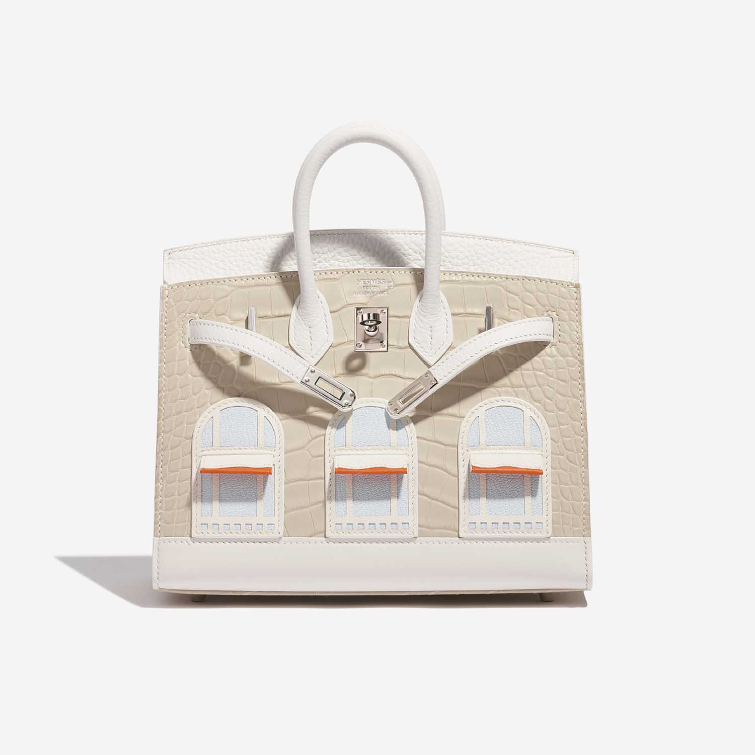 Pre-owned Hermès bag Birkin 20 Faubourg Matte Alligator / Togo / Epsom / Swift White / Beton / Orange H / Blue Brume / Craie Beige, White Front Open | Sell your designer bag on Saclab.com