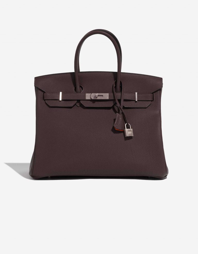 Pre-owned Hermès bag Birkin HSS 35 Togo Chocolat / Orange Poppy Brown Front | Sell your designer bag on Saclab.com