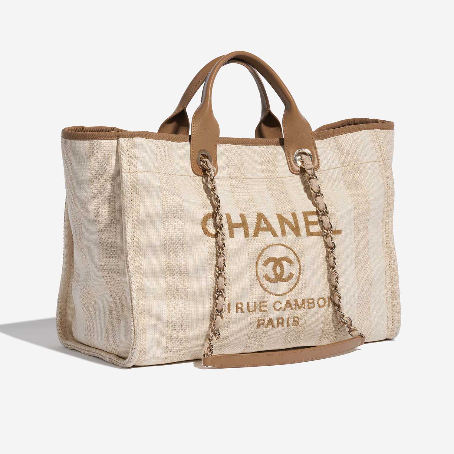 Pre-owned Chanel bag Deauville Medium Canvas Beige Beige Side Front | Sell your designer bag on Saclab.com