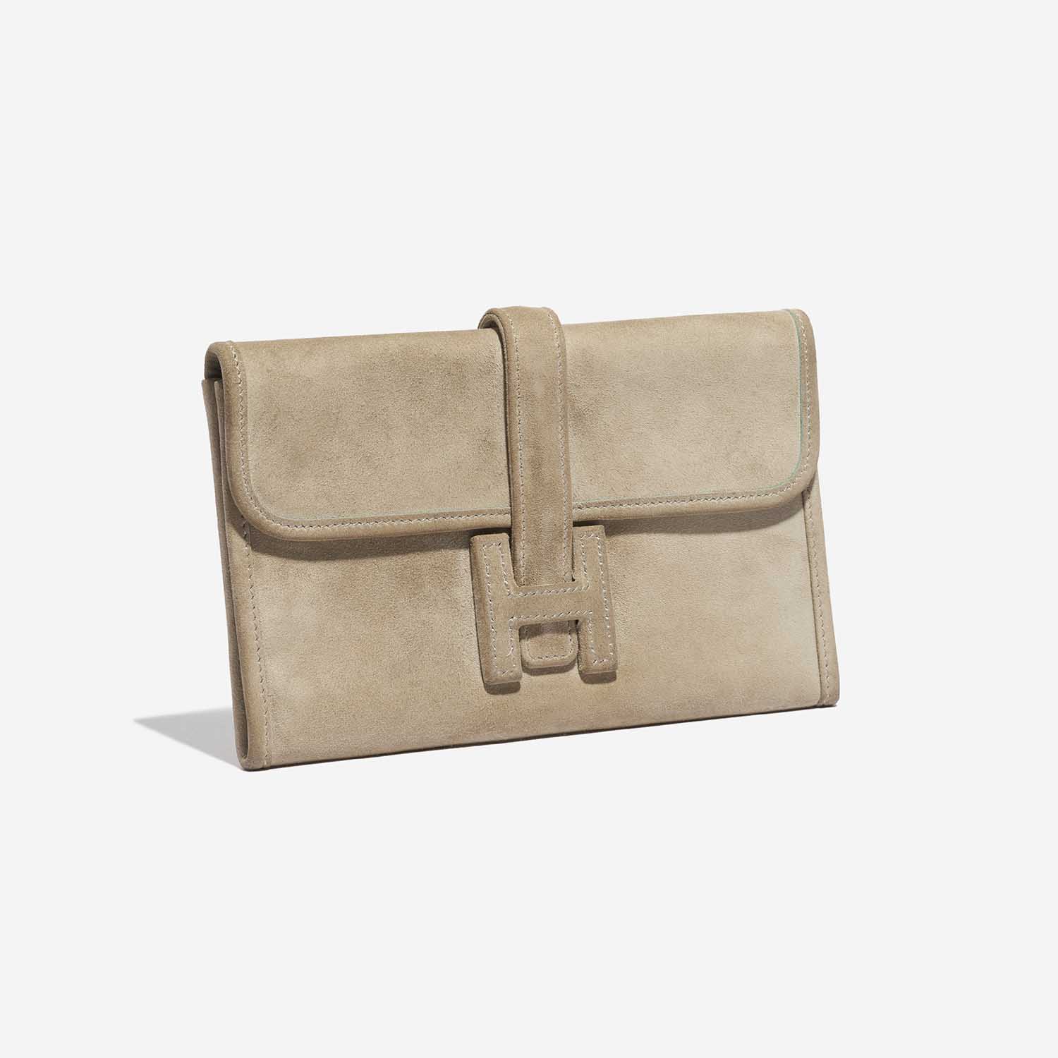 Pre-owned Hermès bag Jige Mini Doblis Suede Poussière Beige Side Front | Sell your designer bag on Saclab.com