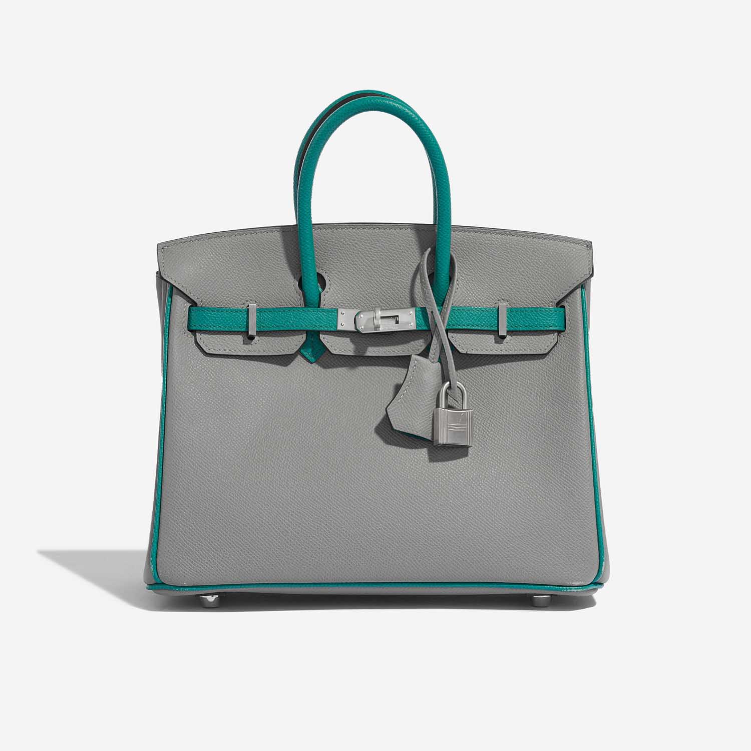 Gebrauchte Hermès Tasche Birkin HSS 25 Epsom Gris Mouette / Blue Paon Green, Grey Front | Verkaufen Sie Ihre Designer-Tasche auf Saclab.com