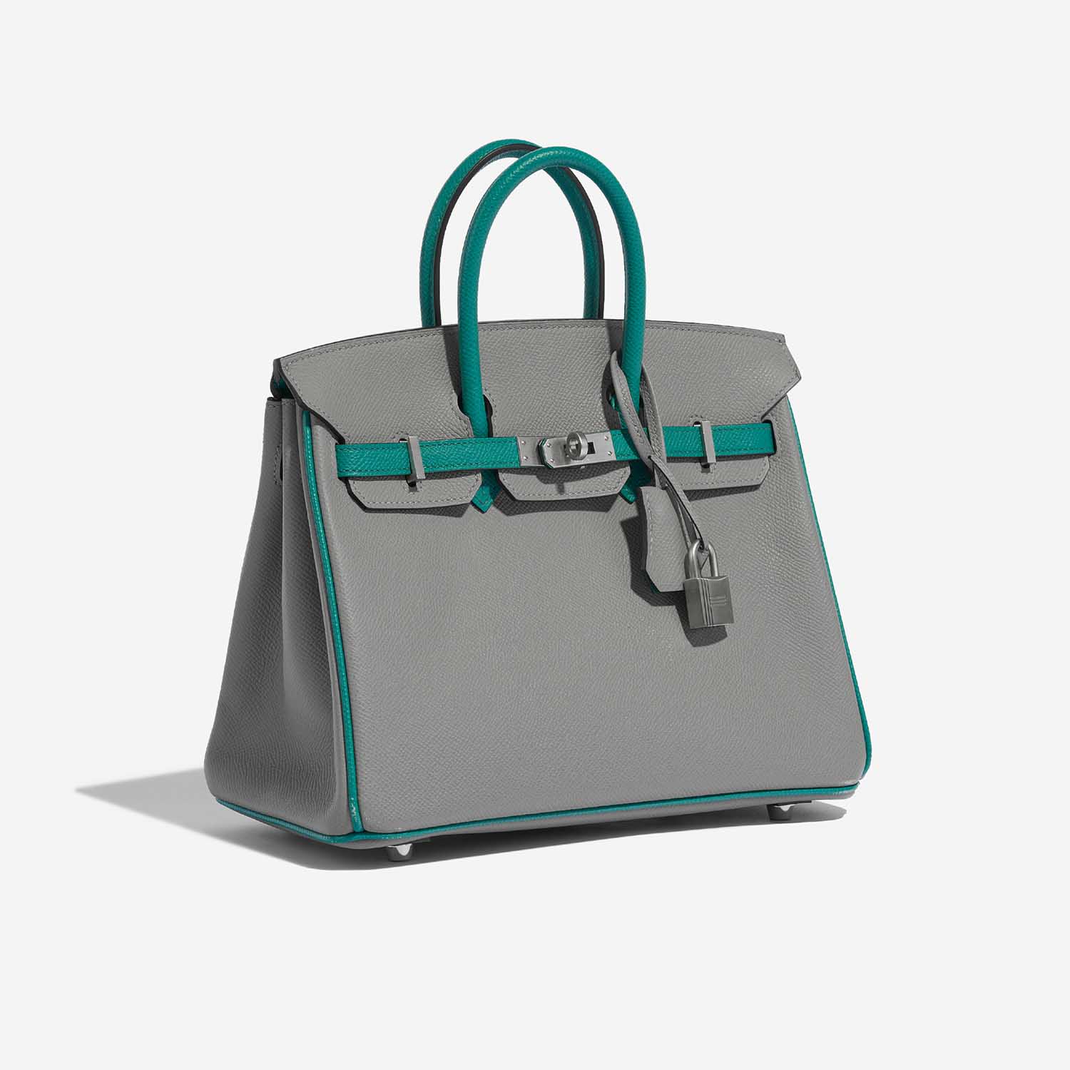 Gebrauchte Hermès Tasche Birkin HSS 25 Epsom Gris Mouette / Blue Paon Green, Grey Side Front | Verkaufen Sie Ihre Designer-Tasche auf Saclab.com