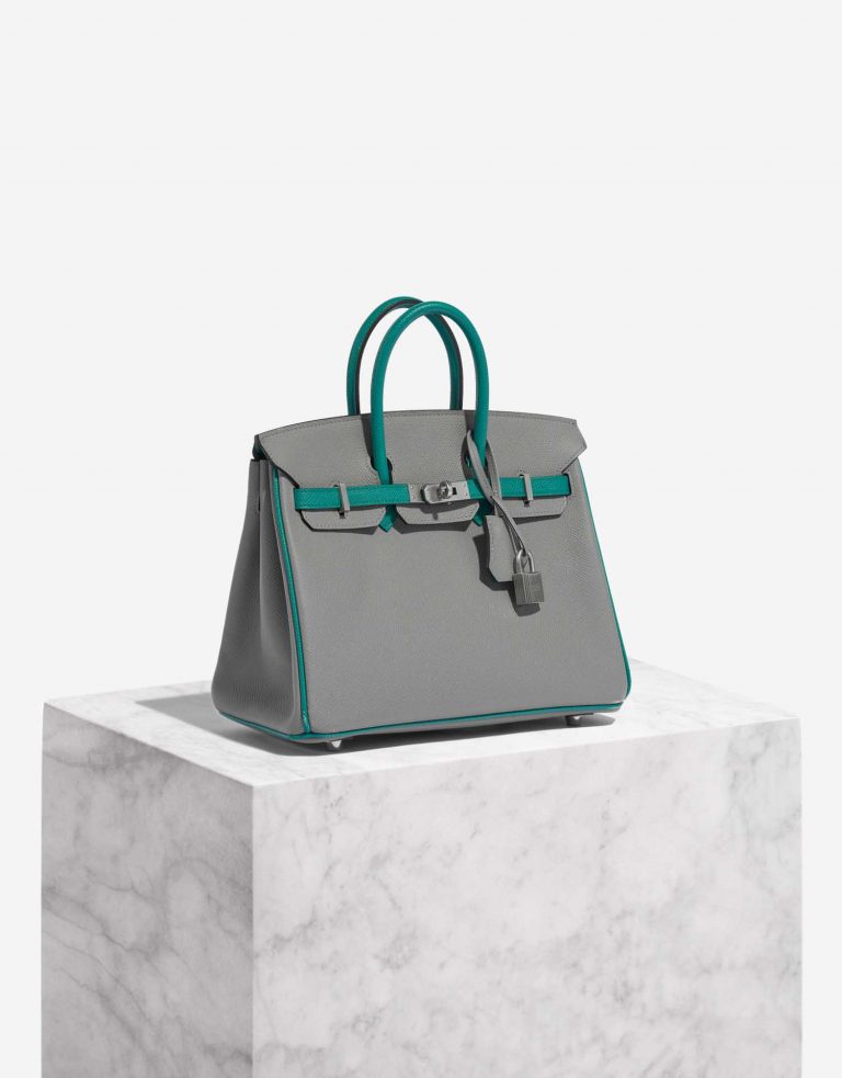 Pre-owned Hermès bag Birkin HSS 25 Epsom Gris Mouette / Blue Paon Green Side Front | Sell your designer bag on Saclab.com