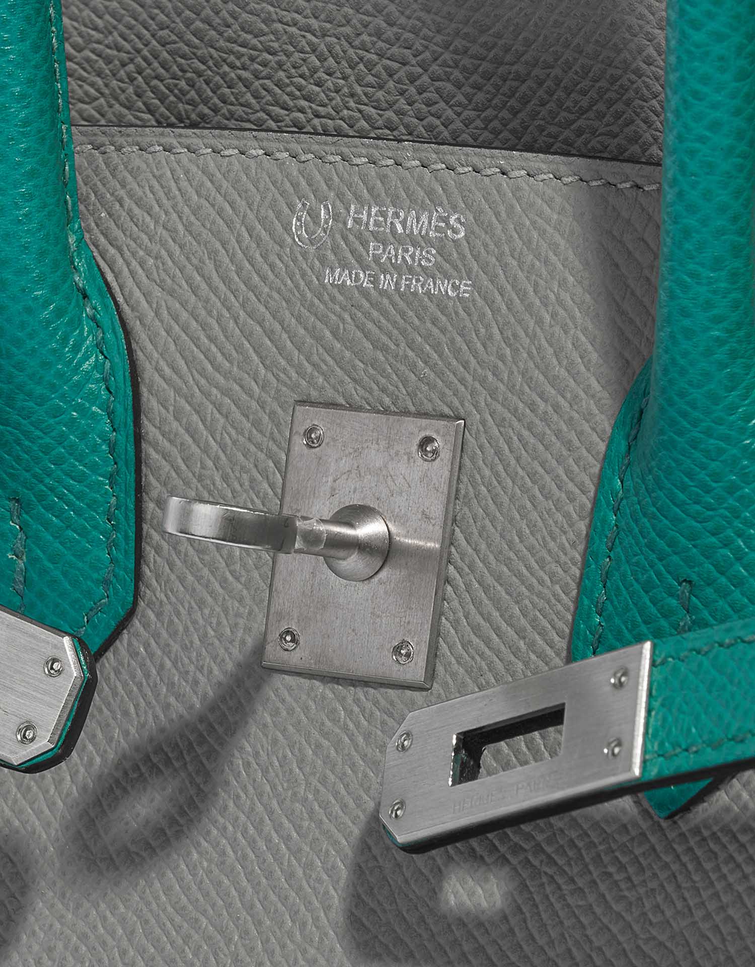 Gebrauchte Hermès Tasche Birkin HSS 25 Epsom Gris Mouette / Blue Paon Green, Grey Logo | Verkaufen Sie Ihre Designer-Tasche auf Saclab.com