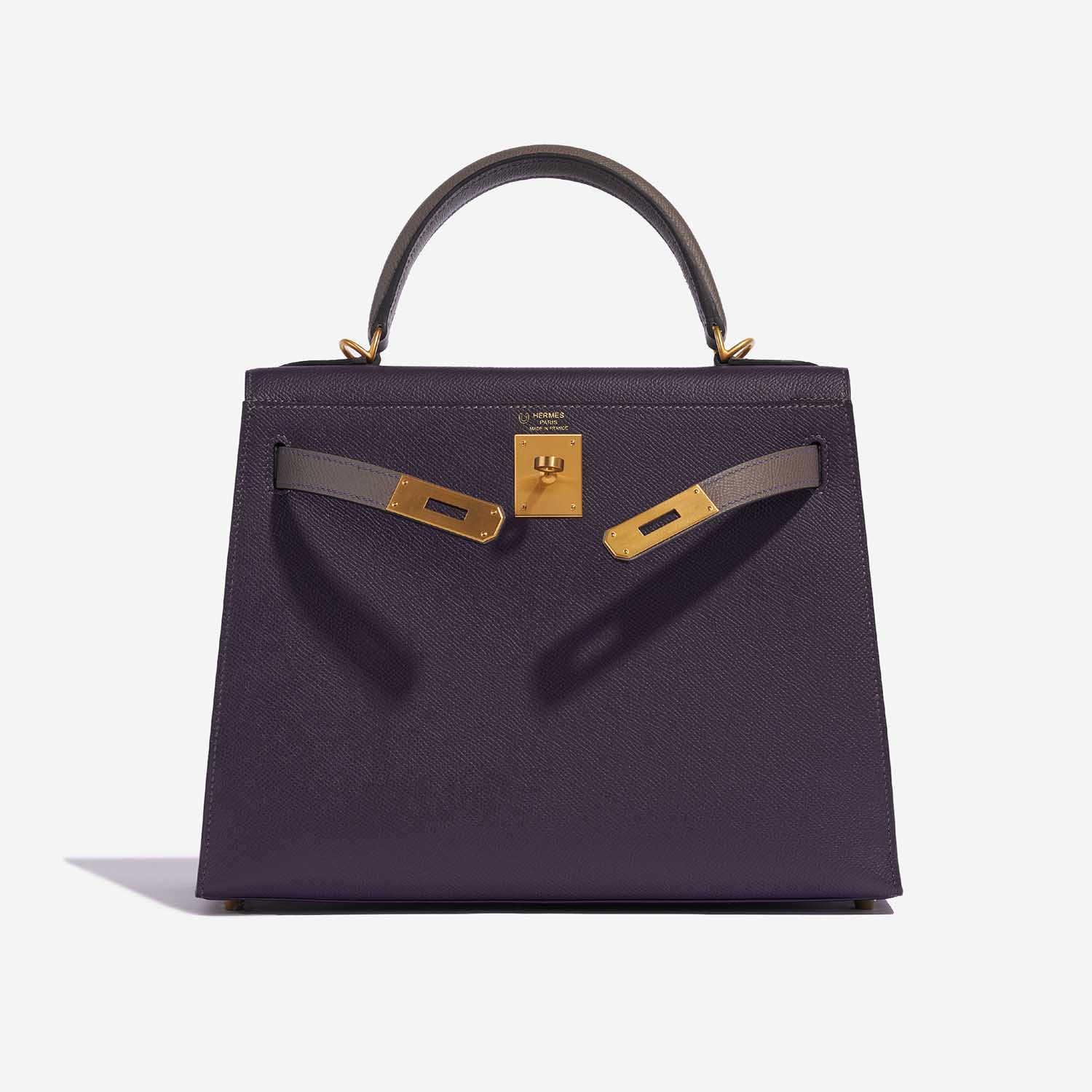 Pre-owned Hermès Tasche Kelly HSS 28 Epsom Raisin / Gris Etain Grey Front Open | Verkaufen Sie Ihre Designer-Tasche auf Saclab.com