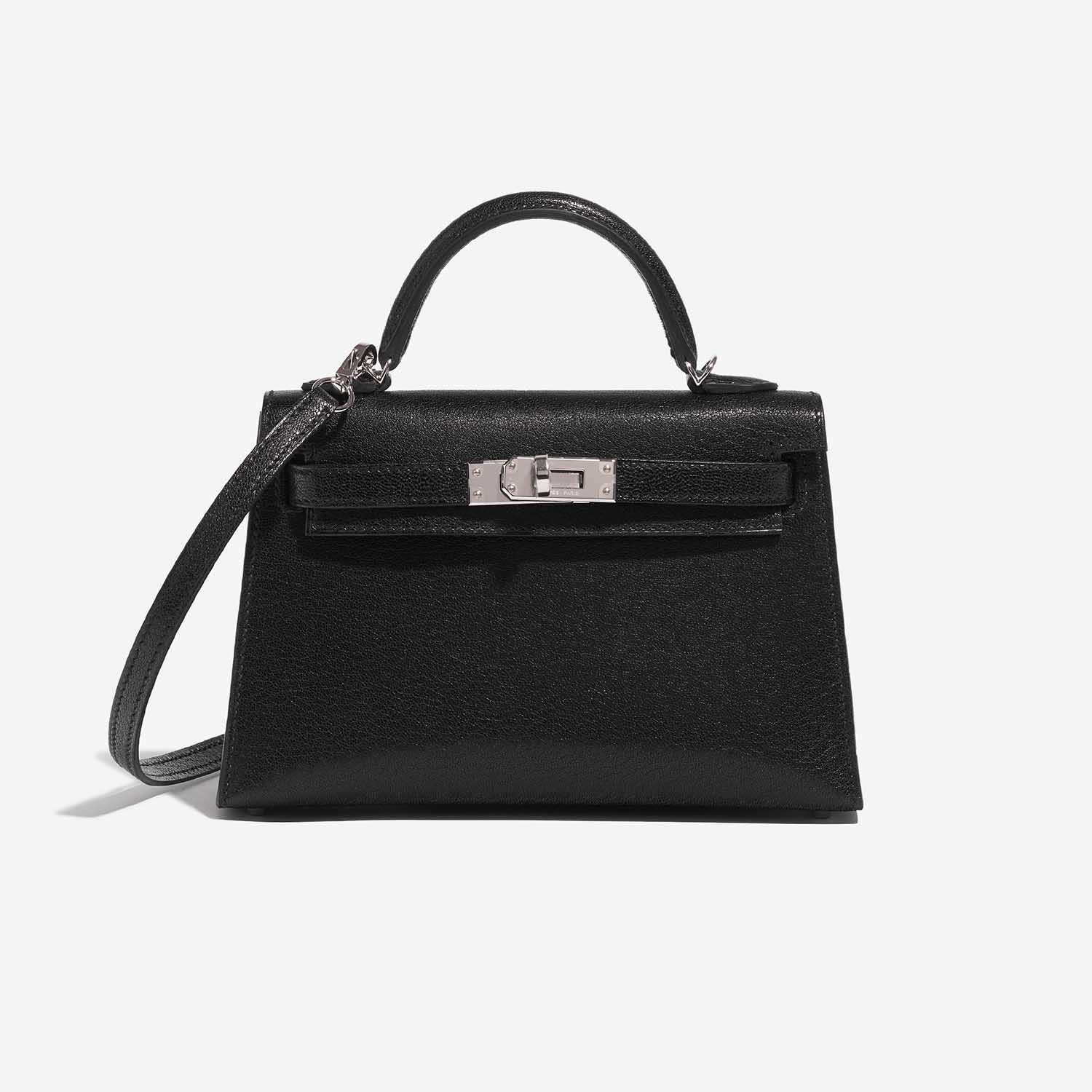 Gebrauchte Hermès Tasche Kelly Mini Chèvre Chamkila Schwarz Schwarz Front | Verkaufen Sie Ihre Designer-Tasche auf Saclab.com