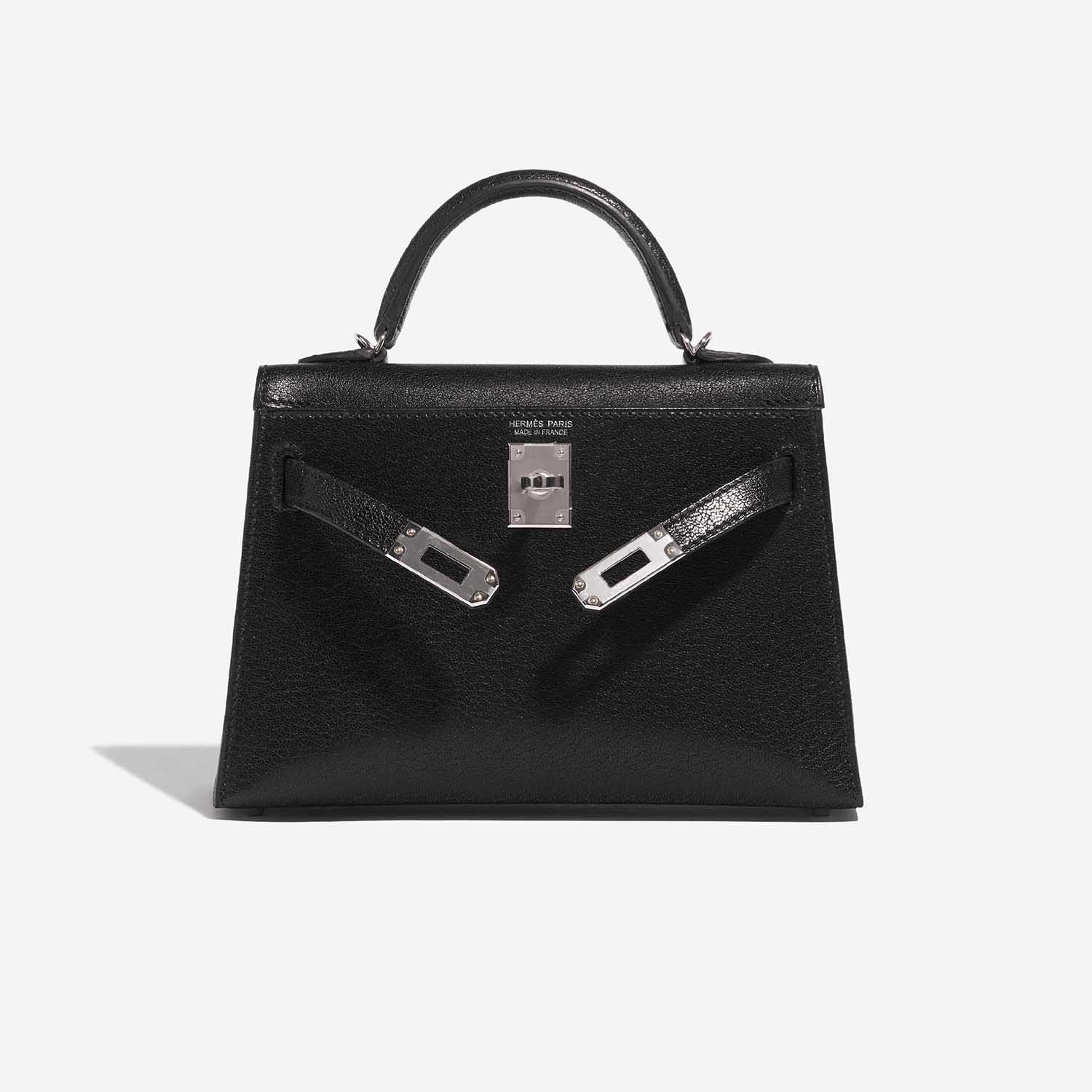 Gebrauchte Hermès Tasche Kelly Mini Chèvre Chamkila Schwarz Schwarz Front Open | Verkaufen Sie Ihre Designer-Tasche auf Saclab.com