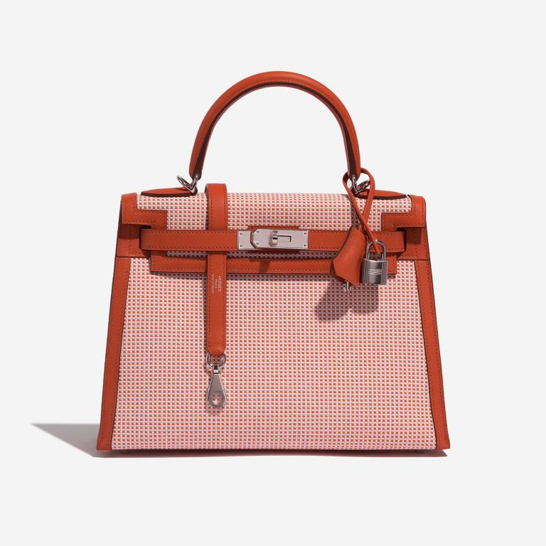 Pre-owned Hermès bag Kelly 28 Toile Quadrille / Swift Terre Battue / Mauve Sylvestre / Blanc Red, Rose, White Front | Sell your designer bag on Saclab.com