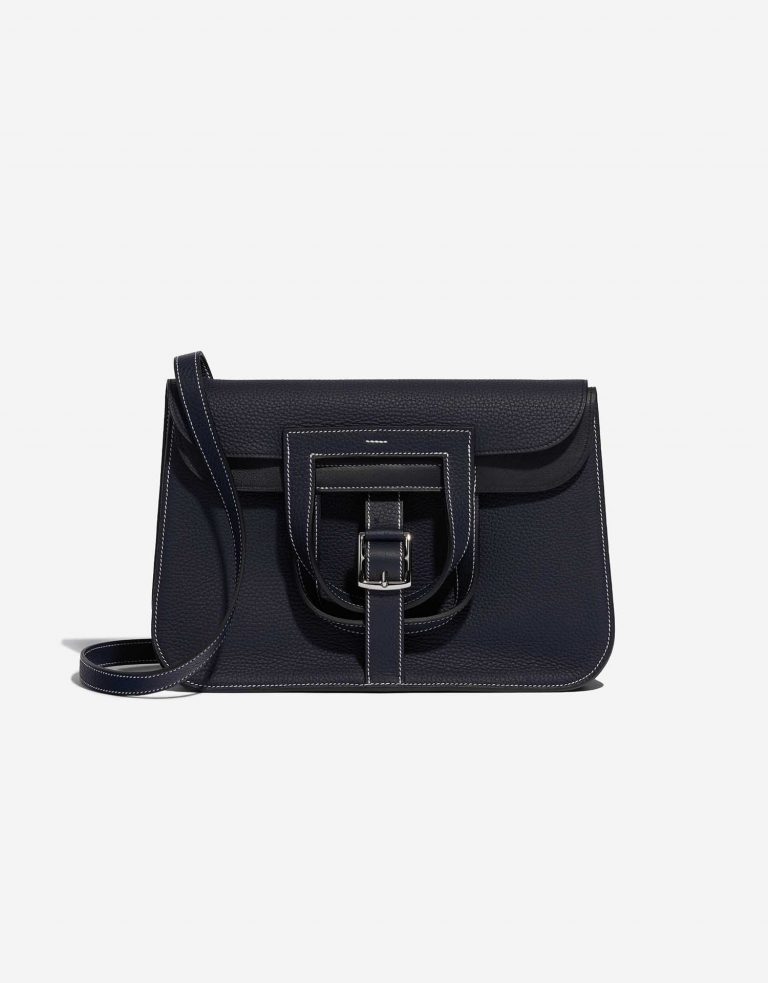 Pre-owned Hermès bag Halzan 31 Clemence Bleu Nuit / Black Black Front | Sell your designer bag on Saclab.com