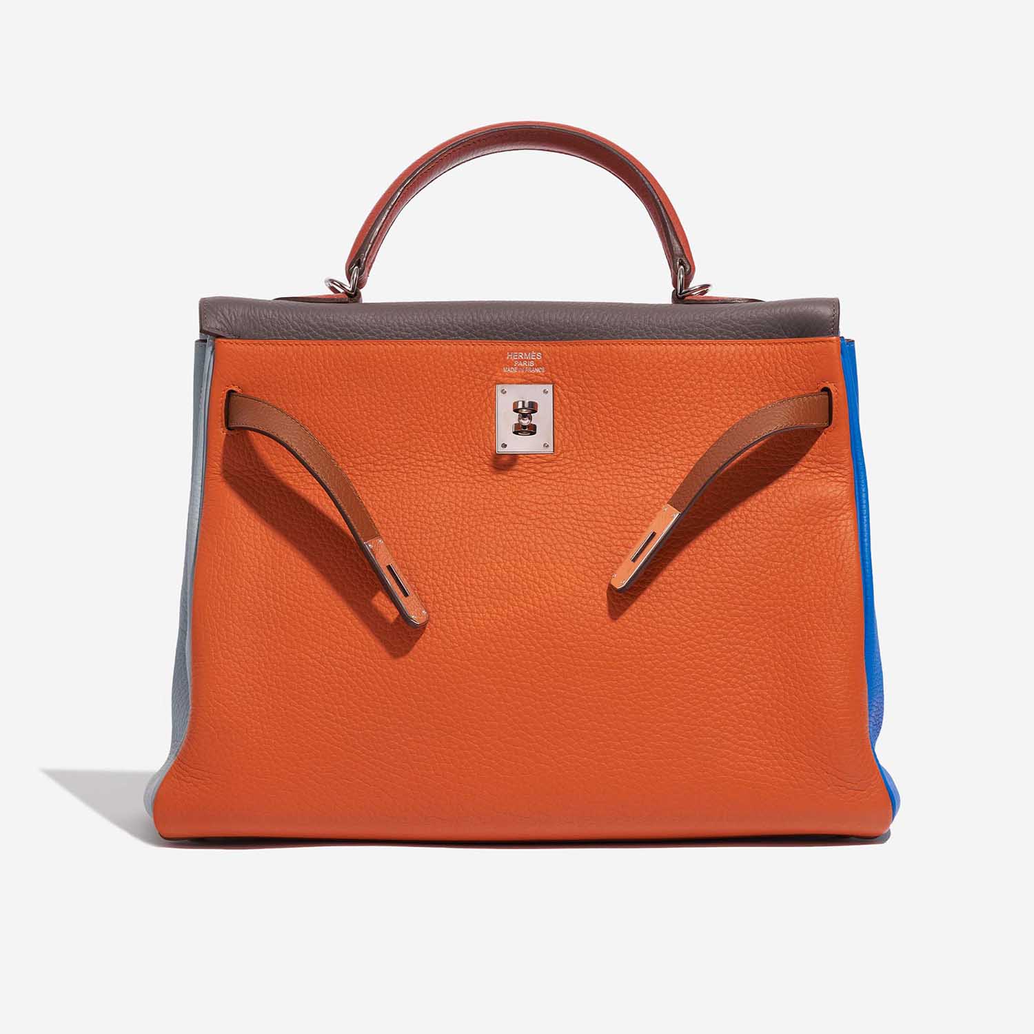 Pre-owned Hermès bag Kelly 35 Harlequin Togo Orange /  Etain / Blue Lin / Sanguine / Blue Hydra / Gold Multicolour Front Open | Sell your designer bag on Saclab.com