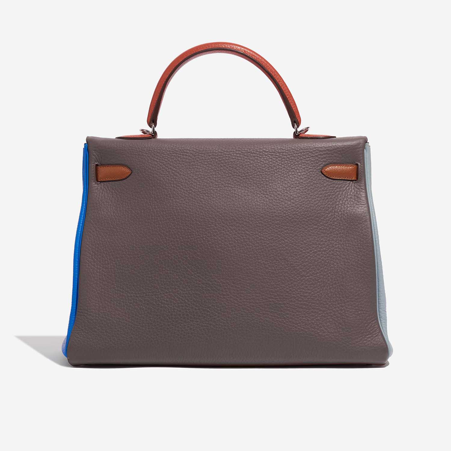 Pre-owned Hermès bag Kelly 35 Harlequin Togo Orange /  Etain / Blue Lin / Sanguine / Blue Hydra / Gold Multicolour Back | Sell your designer bag on Saclab.com