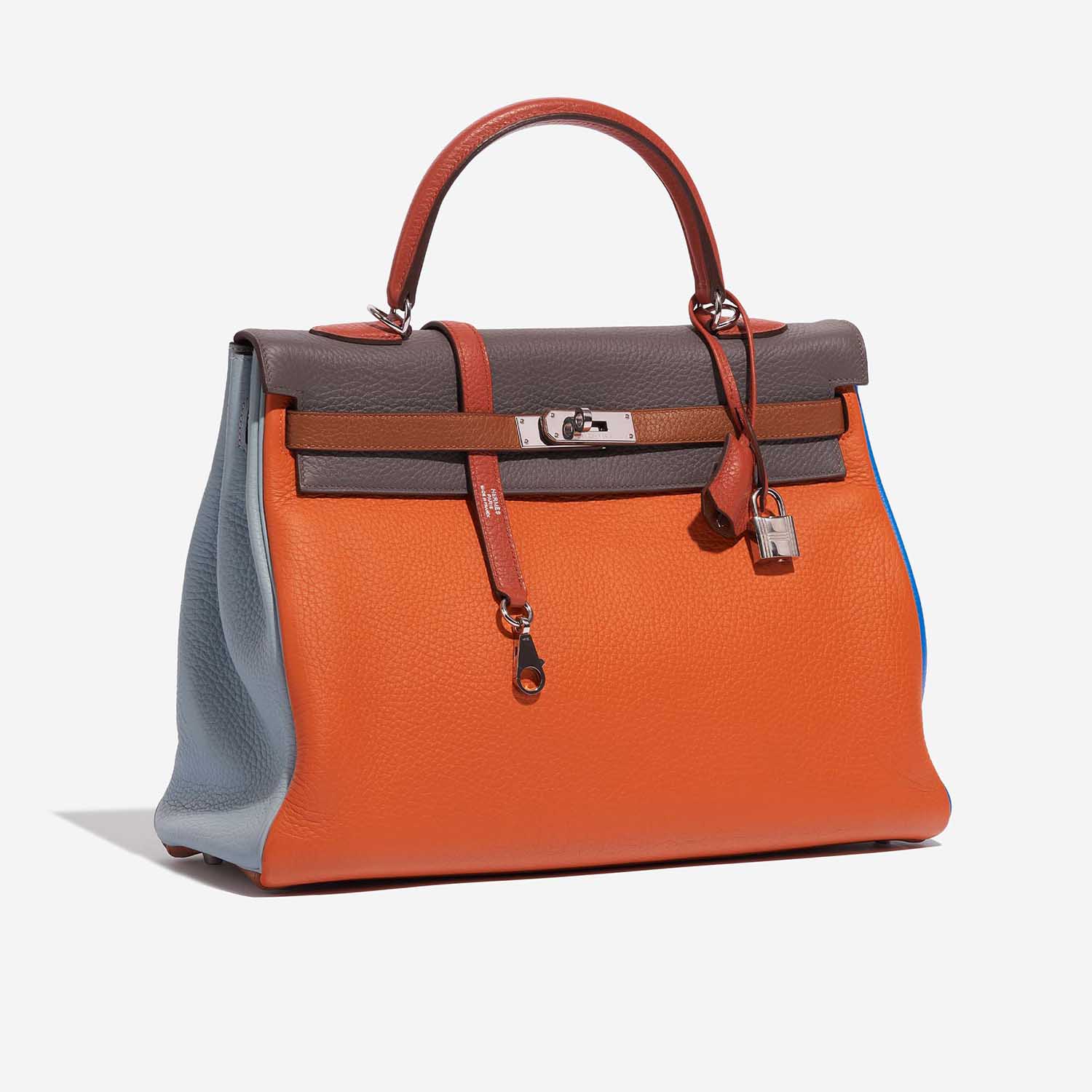 Pre-owned Hermès bag Kelly 35 Harlequin Togo Orange /  Etain / Blue Lin / Sanguine / Blue Hydra / Gold Multicolour Side Front | Sell your designer bag on Saclab.com