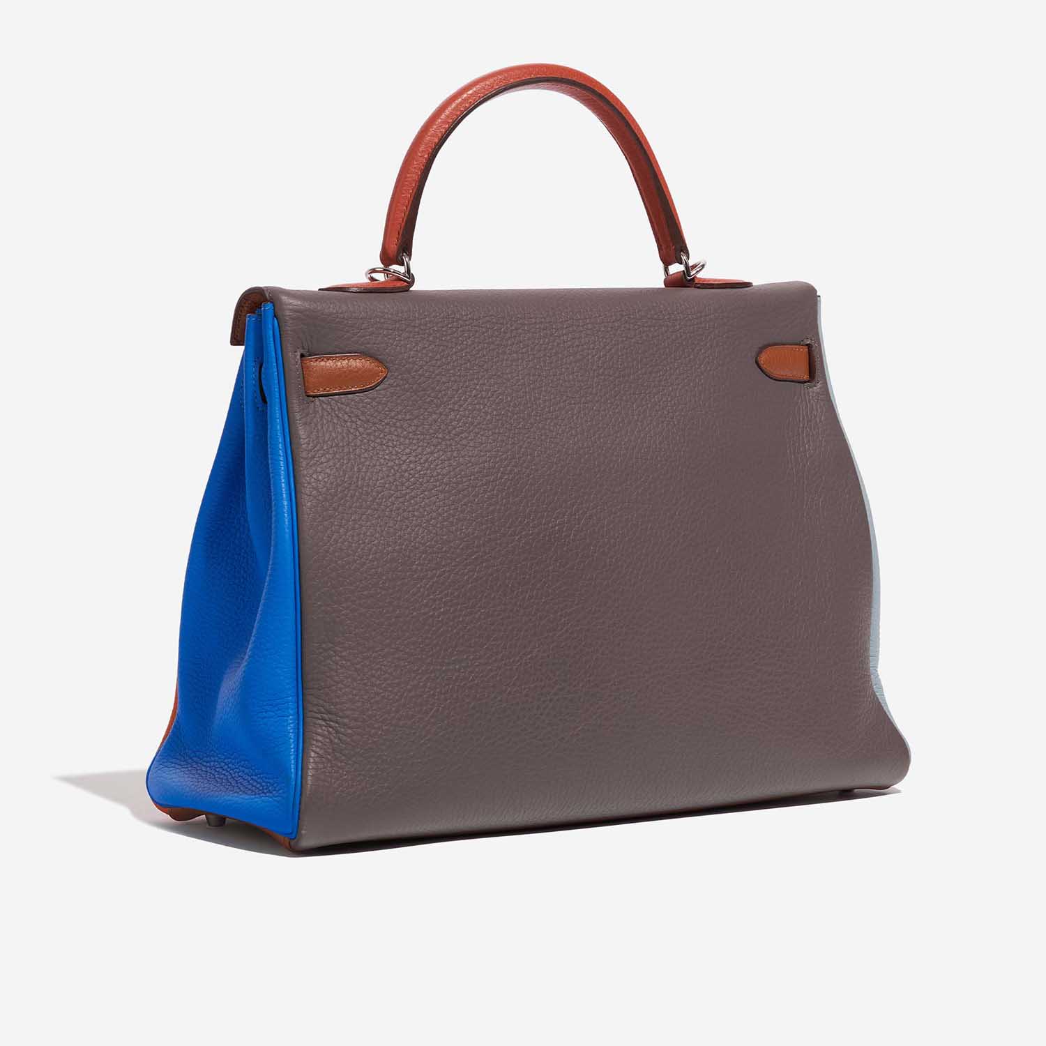 Gebrauchte Hermès Tasche Kelly 35 Harlequin Togo Orange / Etain / Blue Lin / Sanguine / Blue Hydra / Gold Multicolour Side Back | Verkaufen Sie Ihre Designer-Tasche auf Saclab.com