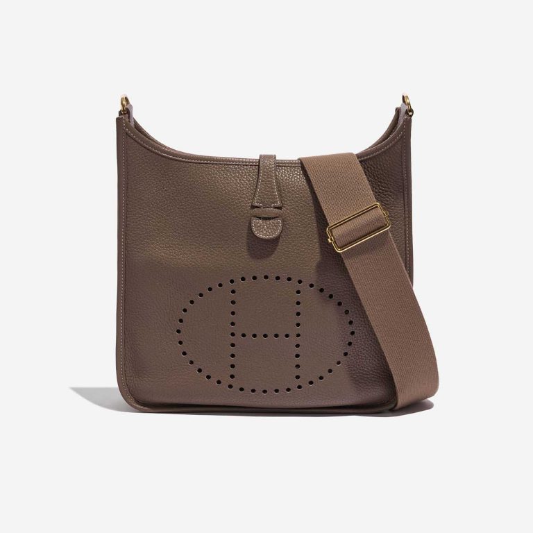 Pre-owned Hermès bag Evelyne 29 Taurillon Clemence Etoupe Brown Front | Sell your designer bag on Saclab.com