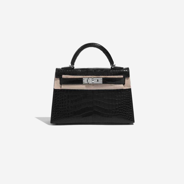 Pre-owned Hermès bag Kelly Mini Matte Alligator Black Black Front Velt | Sell your designer bag on Saclab.com