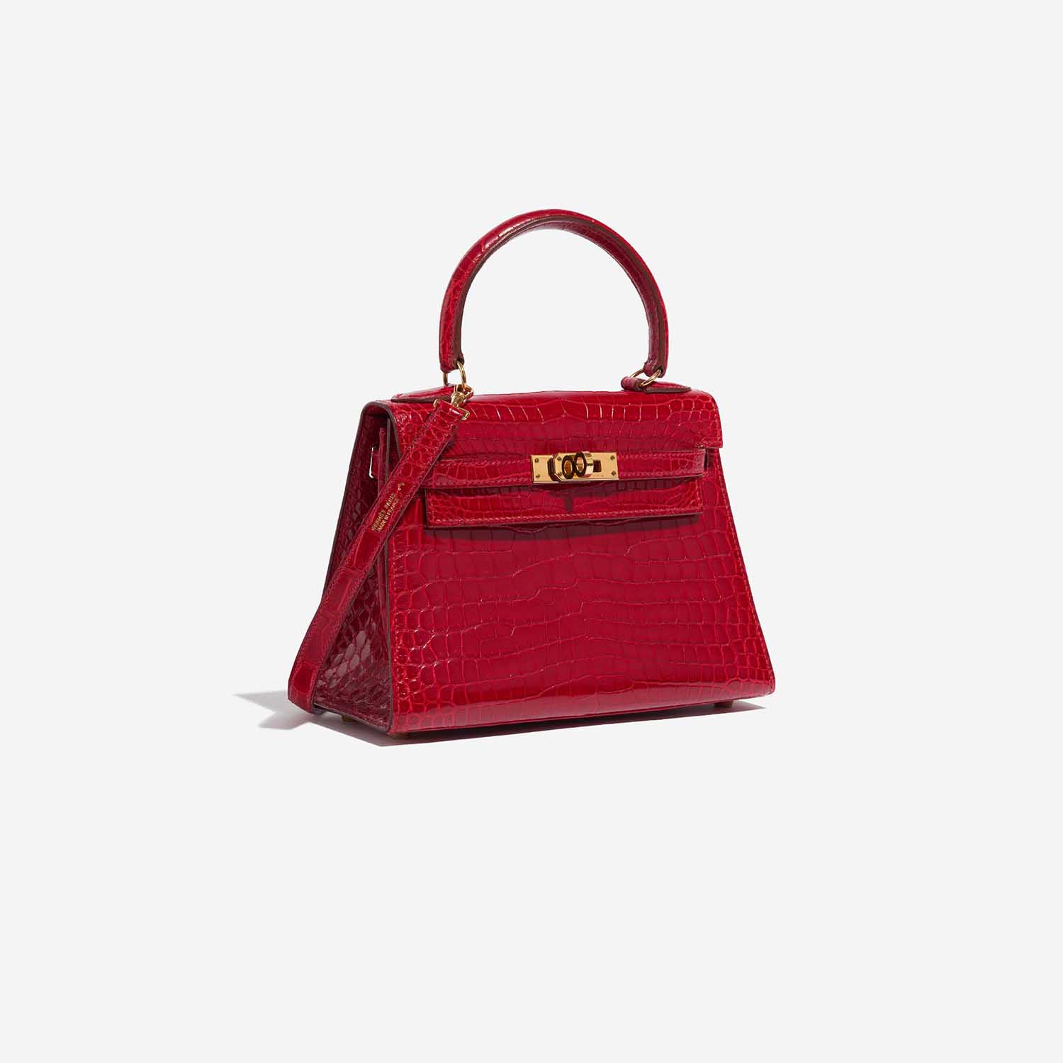 Pre-owned Hermès bag Kelly Mini Porosus Crocodile Braise Red Side Front | Sell your designer bag on Saclab.com