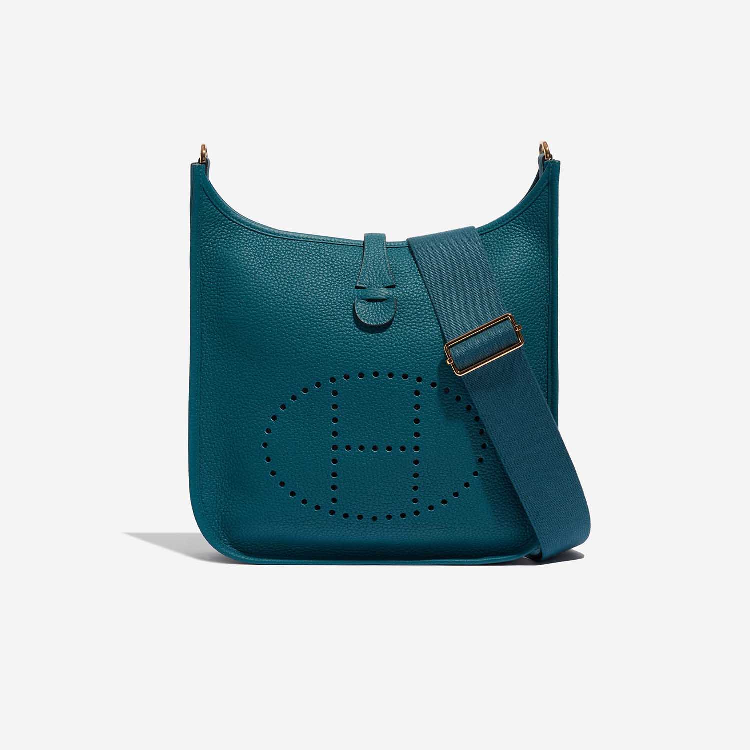 Pre-owned Hermès bag Evelyne 29 Taurillon Clemence Vert Bosphore Green Front | Sell your designer bag on Saclab.com