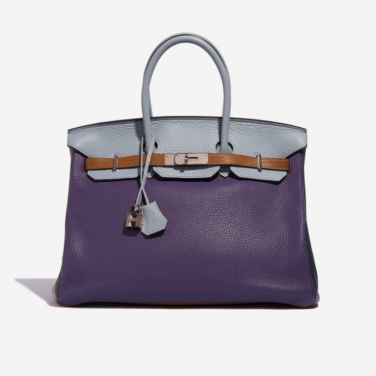 Pre-owned Hermès bag Birkin Harlequin 35 Clemence Ultra Violet / Etain / Bleu Lin / Bleu Obscur / Etoupe / Gold Multicolour Front | Sell your designer bag on Saclab.com