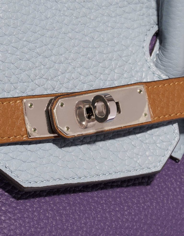 Pre-owned Hermès bag Birkin Harlequin 35 Clemence Ultra Violet / Etain / Bleu Lin / Bleu Obscur / Etoupe / Gold Multicolour Side Front | Sell your designer bag on Saclab.com