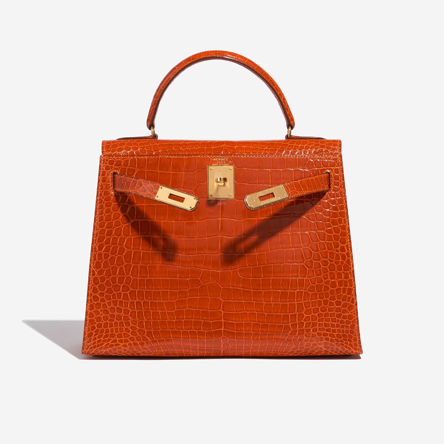 Pre-owned Hermès bag Kelly 28 Porosus Crocodile Orange H Orange Front Open | Sell your designer bag on Saclab.com