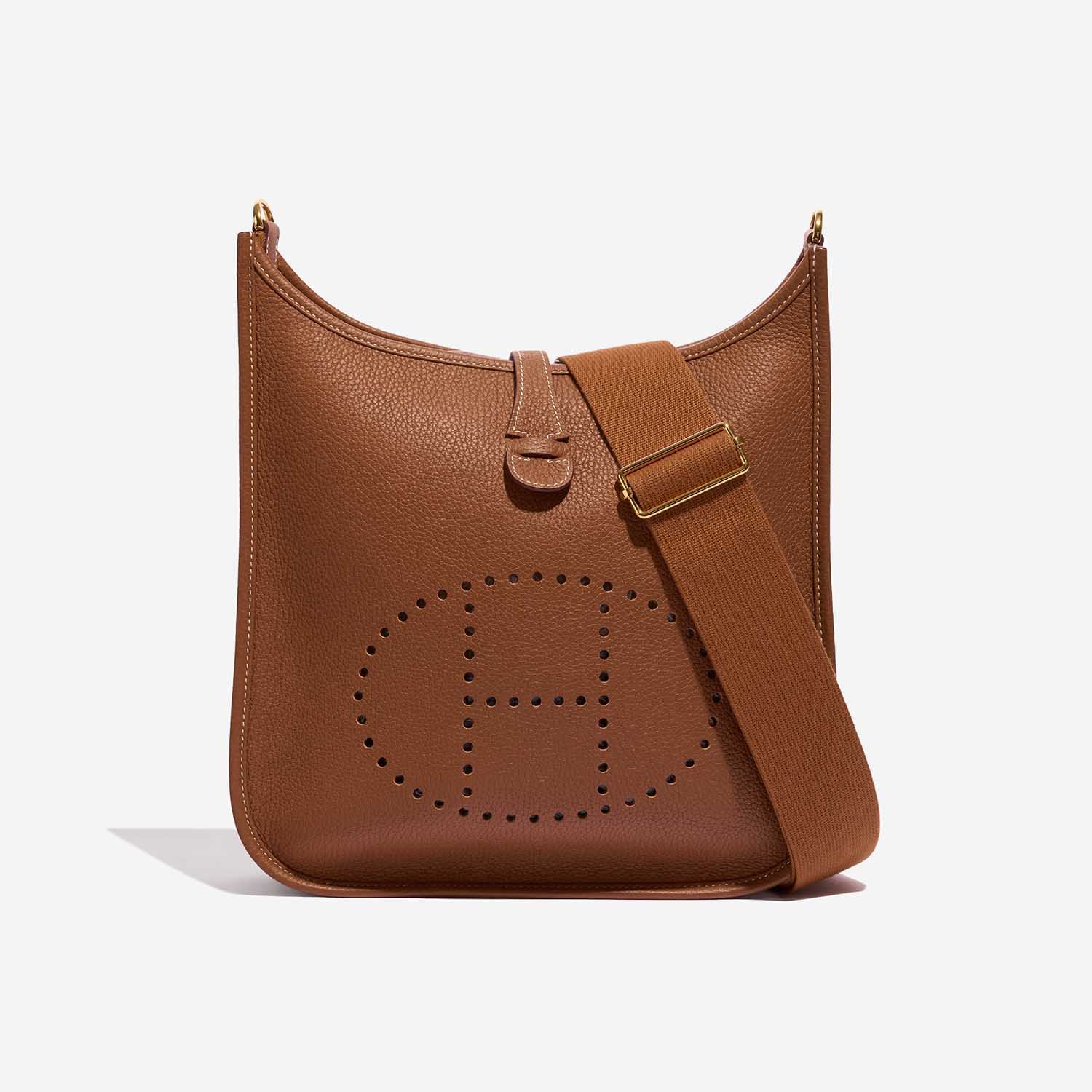 Pre-owned Hermès bag Evelyne 29 Clemence Gold Brown Front | Sell your designer bag on Saclab.com