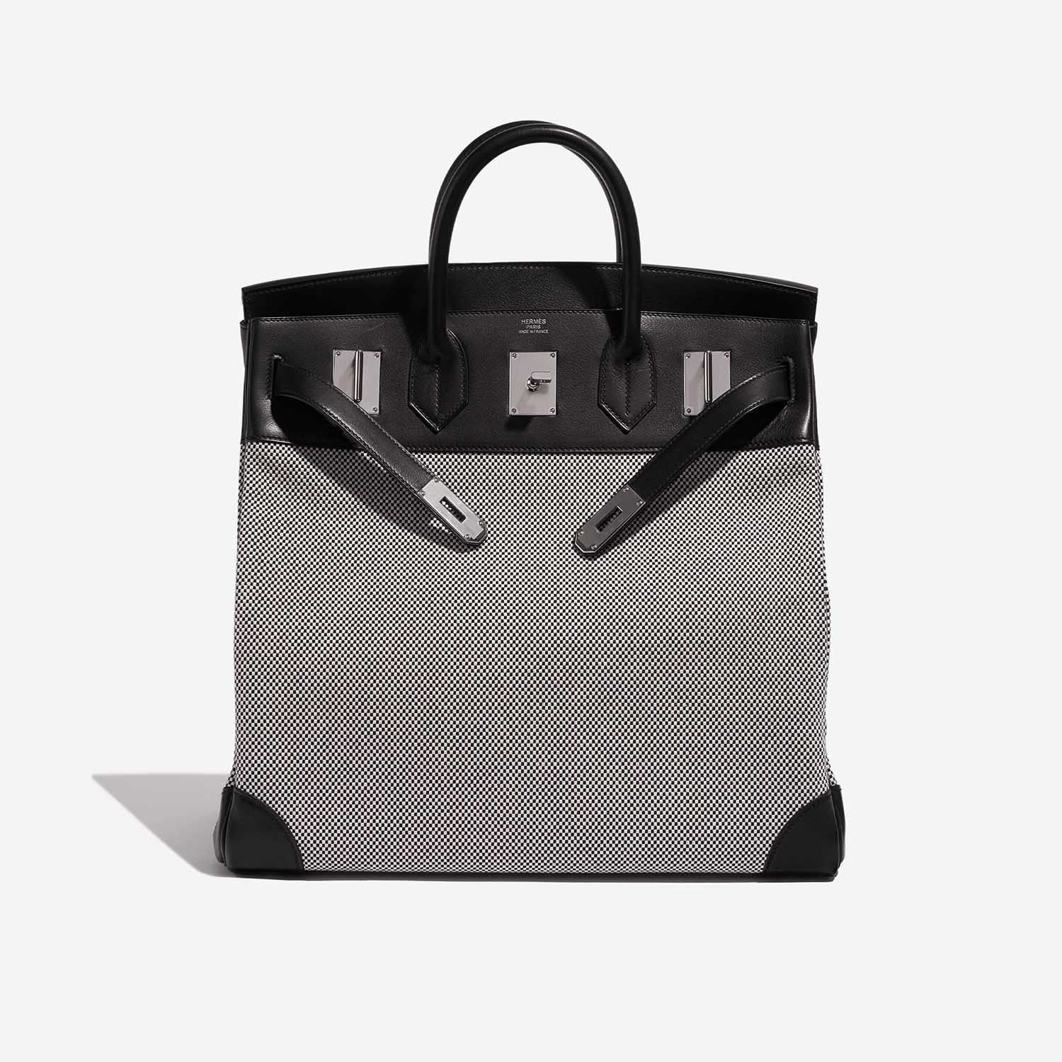 Pre-owned Hermès bag Haut à Courroies 40 Toile Criss / Veau Evergrain Black / Ecru Grey Front Open | Sell your designer bag on Saclab.com
