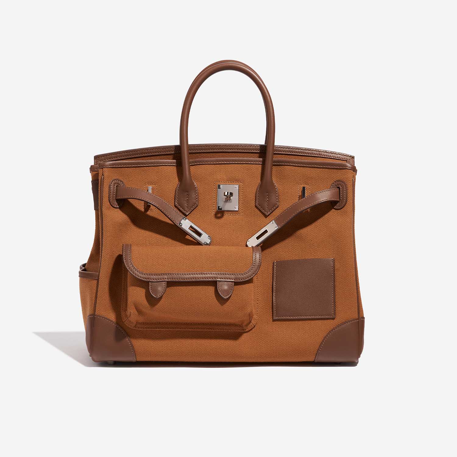 Pre-owned Hermès bag Birkin Cargo 35 Swift / Toile Goeland Marron / Gold Brown Front Open | Sell your designer bag on Saclab.com
