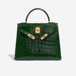 Pre-owned Hermès bag Kelly 28 Alligator Mississippiensis Vert Emeralde Green Front Open | Sell your designer bag on Saclab.com