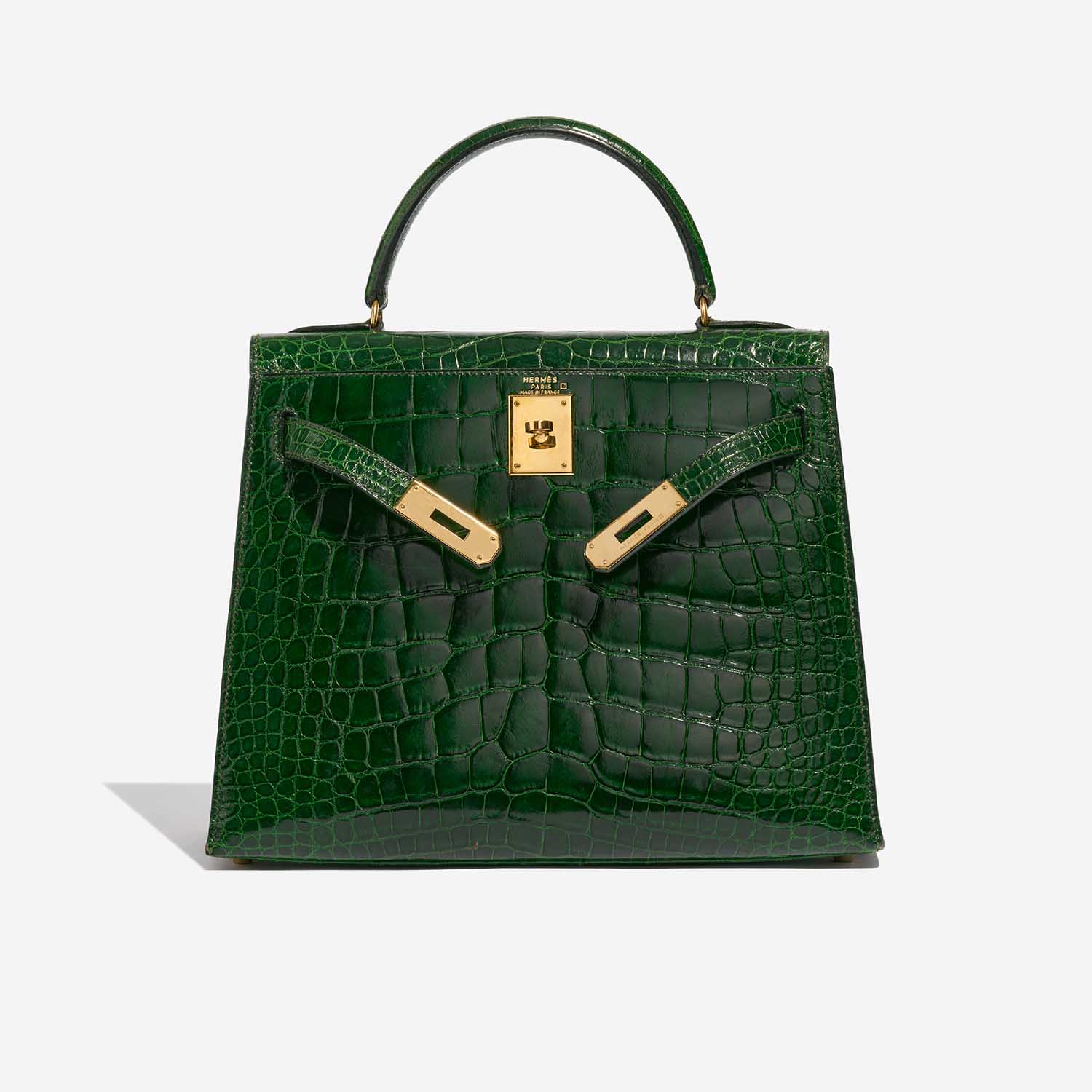 Sac Hermès Kelly 28 Alligator Mississippiensis Vert Emeralde Green Front Open | Vendez votre sac de créateur sur Saclab.com