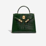 Pre-owned Hermès bag Kelly 28 Alligator Mississippiensis Vert Emeralde Dark Green, Green Front Open | Sell your designer bag on Saclab.com