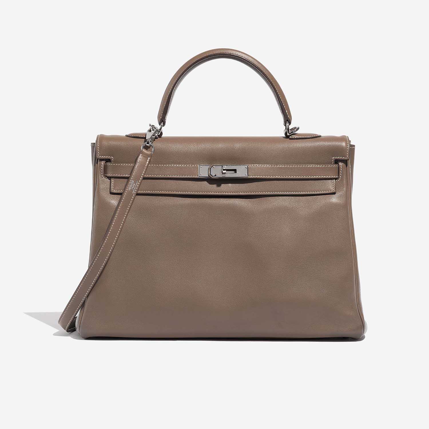 Pre-owned Hermès bag Kelly 35 Swift Etoupe Brown, Grey Front | Sell your designer bag on Saclab.com