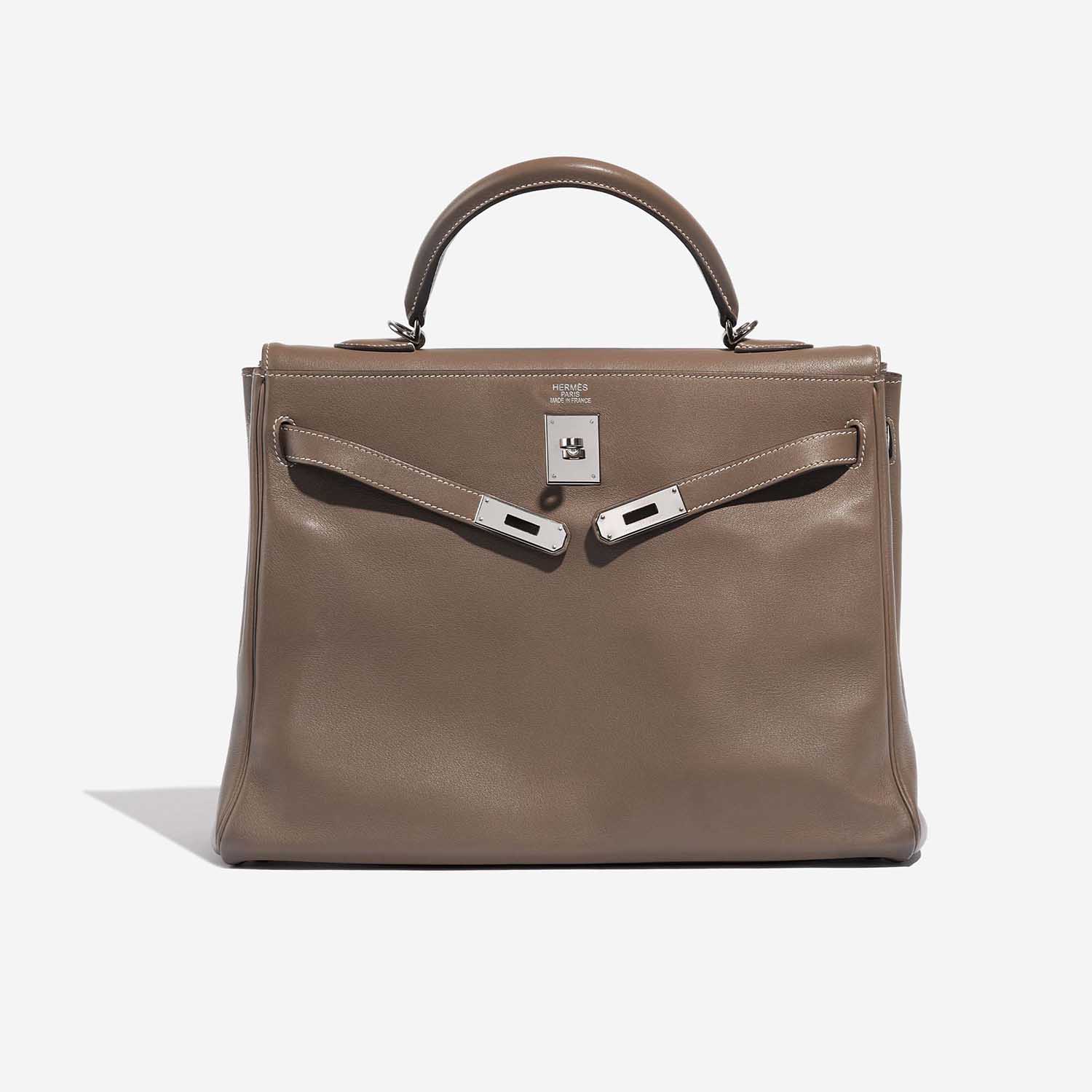 Pre-owned Hermès bag Kelly 35 Swift Etoupe Brown, Grey Front Open | Sell your designer bag on Saclab.com