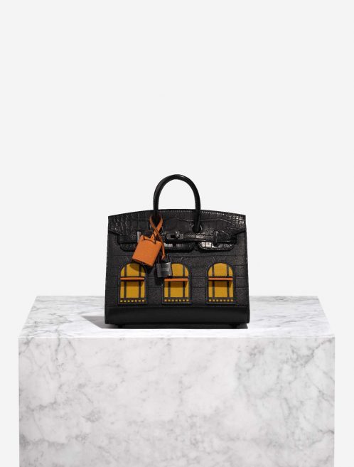 Pre-owned Hermès bag Birkin Faubourg 20 Midnight Matte Alligator / Veau madame / Chevre Mysore / Veau Monsieur / Black / Jaune Ambre / Orange H Black Front | Sell your designer bag on Saclab.com