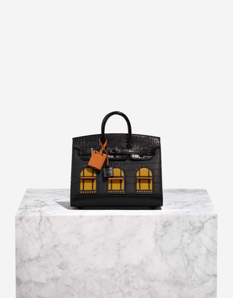 Pre-owned Hermès bag Birkin Faubourg 20 Midnight Matte Alligator / Veau madame / Chevre Mysore / Veau Monsieur / Black / Jaune Ambre / Orange H Black Front | Sell your designer bag on Saclab.com