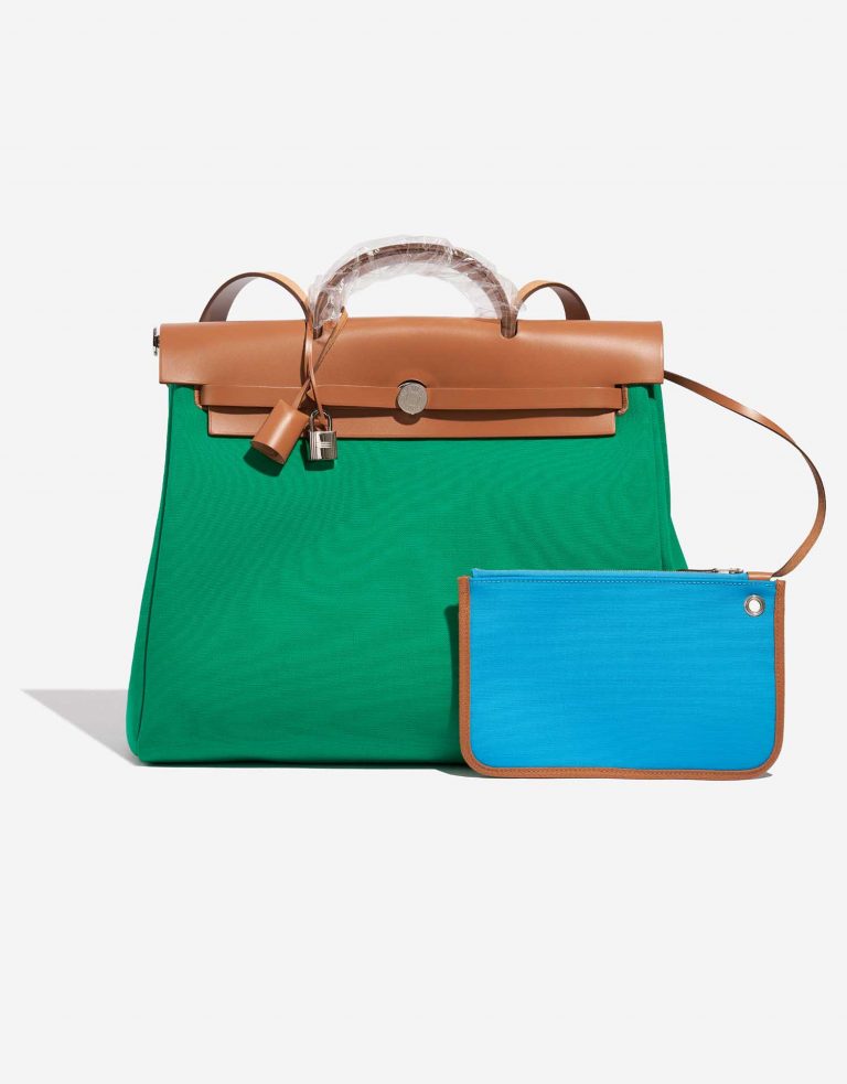 Pre-owned Hermès bag Herbag 39 Vache Hunter / Toile Vert Menthe / Bleu Aztèque / Gold Green Front | Sell your designer bag on Saclab.com