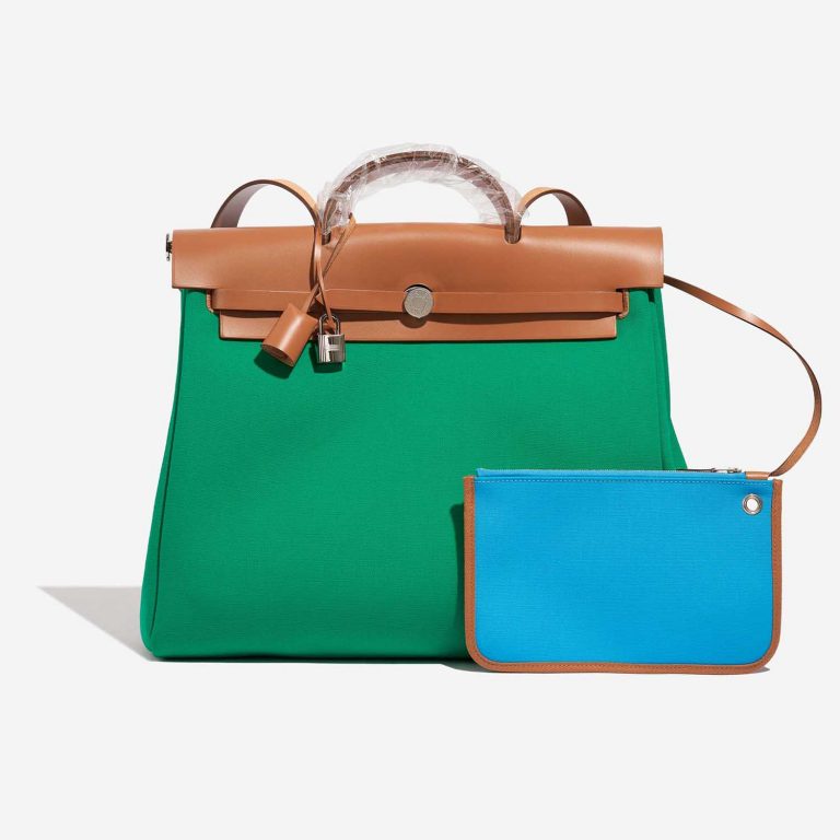 Pre-owned Hermès bag Herbag 39 Vache Hunter / Toile Vert Menthe / Bleu Aztèque / Gold Green, Multicolour Front | Sell your designer bag on Saclab.com