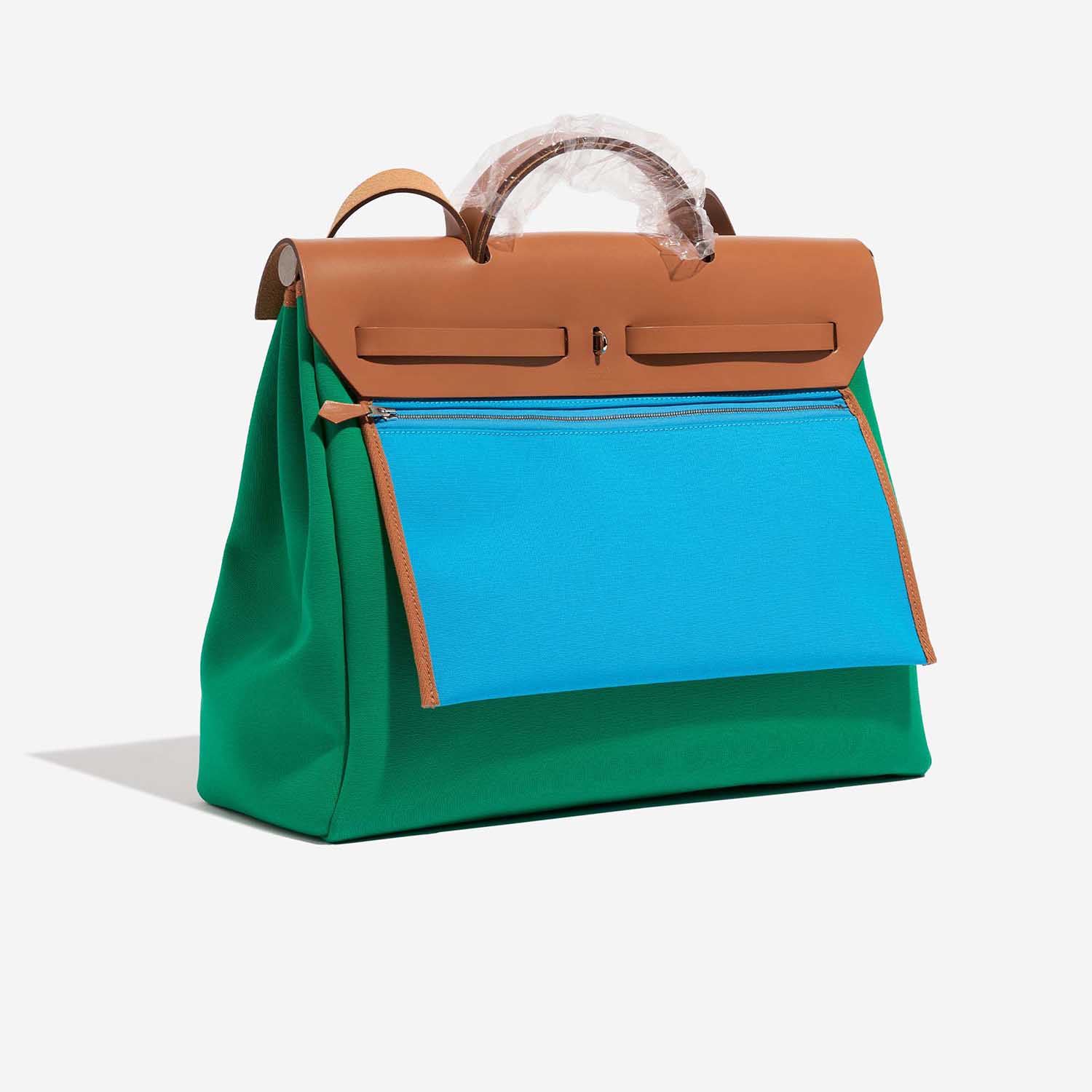 Pre-owned Hermès bag Herbag 39 Vache Hunter / Toile Vert Menthe / Bleu Aztèque / Gold Green, Multicolour Side Back | Sell your designer bag on Saclab.com