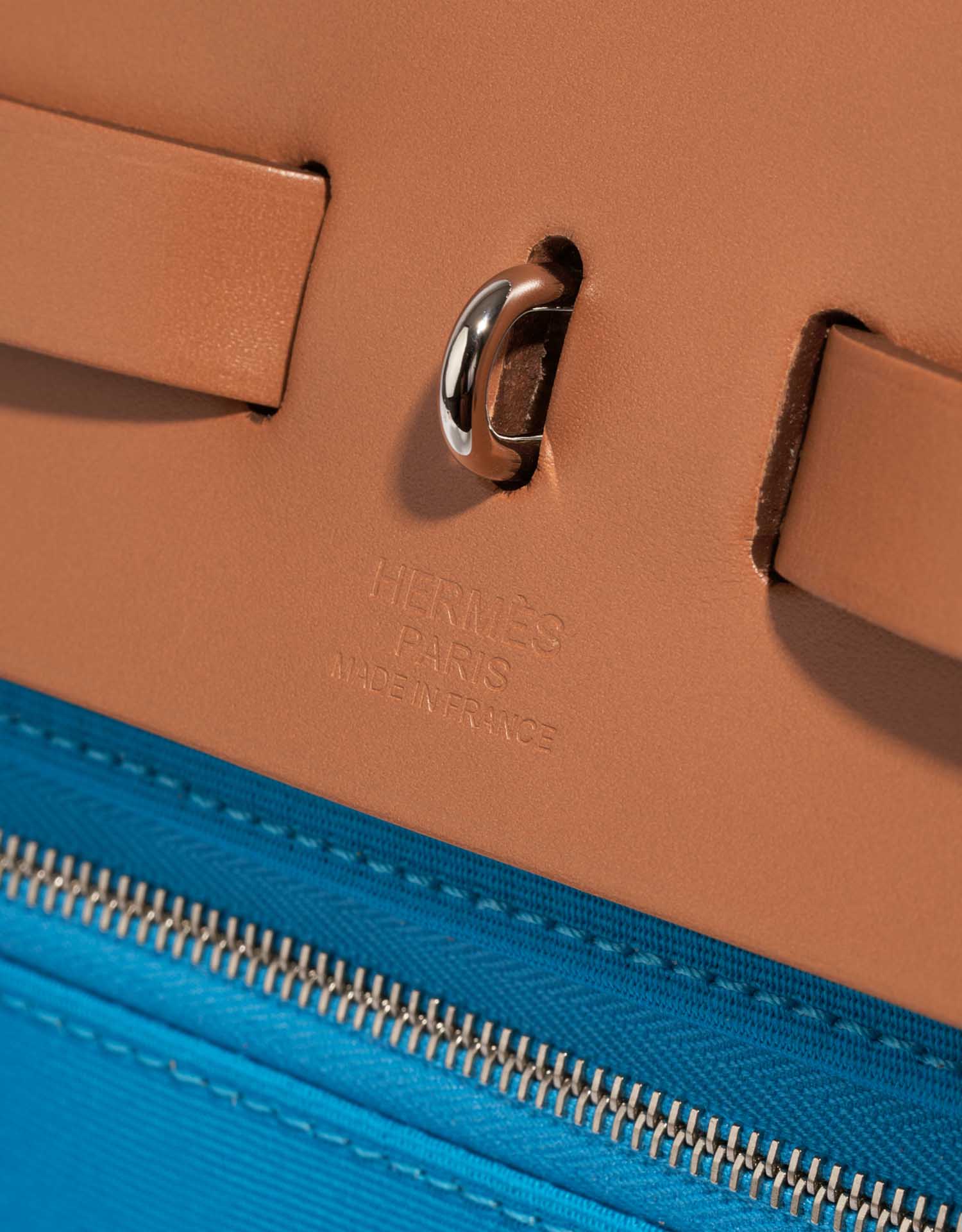 Pre-owned Hermès bag Herbag 39 Vache Hunter / Toile Vert Menthe / Bleu Aztèque / Gold Green, Multicolour Logo | Sell your designer bag on Saclab.com