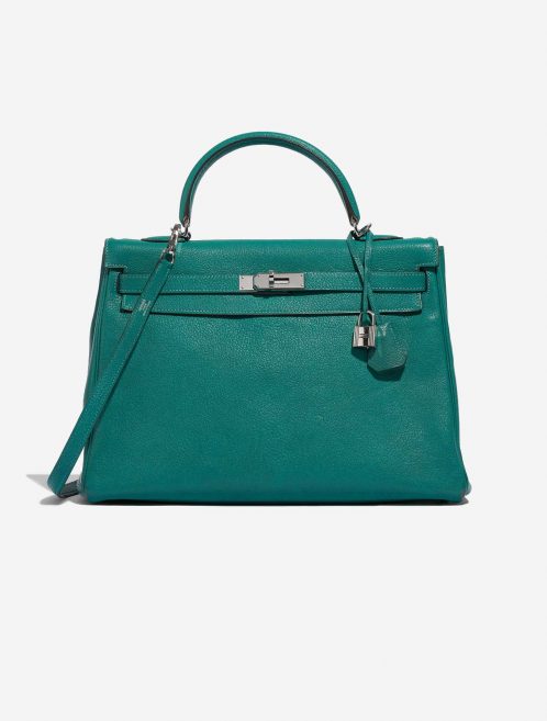 Pre-owned Hermès bag Kelly 35 Chevre Mysore Blue Paon Blue, Green Front | Sell your designer bag on Saclab.com