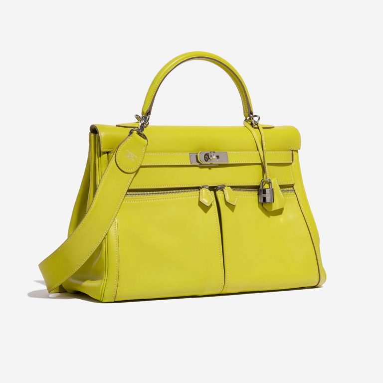 Pre-owned Hermès bag Kelly Lakis 35 Swift Lime Yellow Side Front | Sell your designer bag on Saclab.com