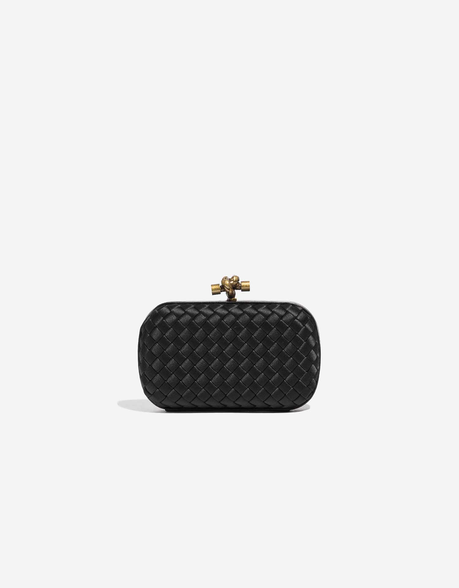 BOTTEGA VENETA, Knot bag, clutch, black braided satin and snake-embossed  leather, rigid model with top fastening in the form of a knot. inside  marked BOTTEGA VENETA MADE IN ITALY. Vintage Clothing 