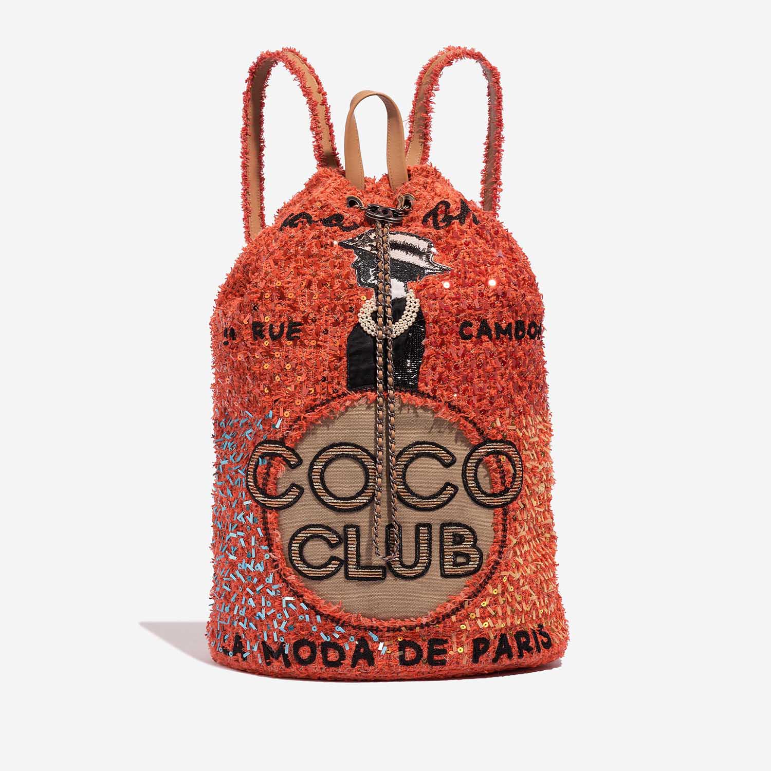 Pre-owned Chanel bag Coco Club Backpack Tweed / Canvas / Sequins Orange / Beige / Black Orange Front | Sell your designer bag on Saclab.com