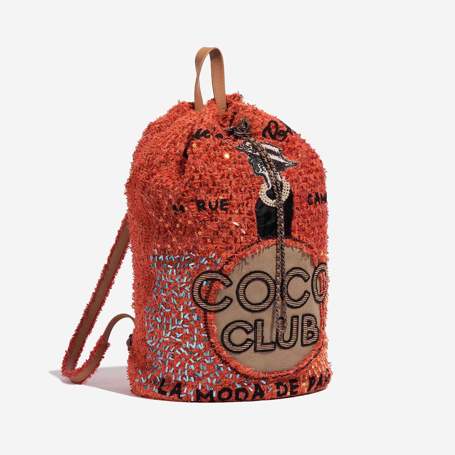 Pre-owned Chanel bag Coco Club Backpack Tweed / Canvas / Sequins Orange / Beige / Black Orange Side Front | Sell your designer bag on Saclab.com